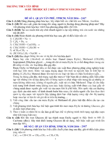 14 Đề thi học kỳ 2 môn Hóa học 9 TPHCM - Năm học 2016-2017