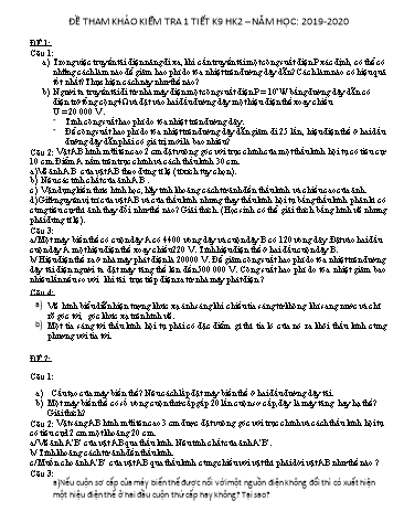 3 Đề tham khảo kiểm tra 1 tiết học kỳ 2 môn Vật lý Khối 9 - Năm học 2019-2020