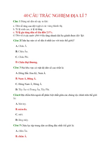 40 Câu trắc nghiệm Địa lí 7