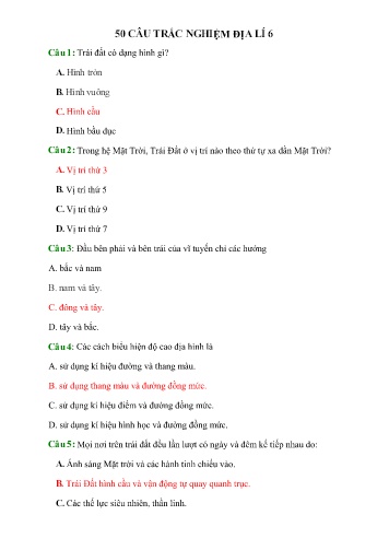 50 Câu trắc nghiệm Địa lí 6