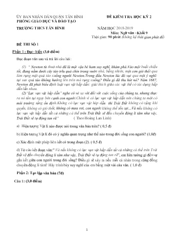6 Đề kiểm tra học kỳ 2 môn Ngữ văn 9 - Năm học 2018-2019 - Trường THCS Tân Bình (Có đáp án)