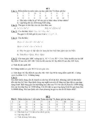 8 Đề ôn tập học kì II môn Toán Lớp 7 - Năm học 2019-2020