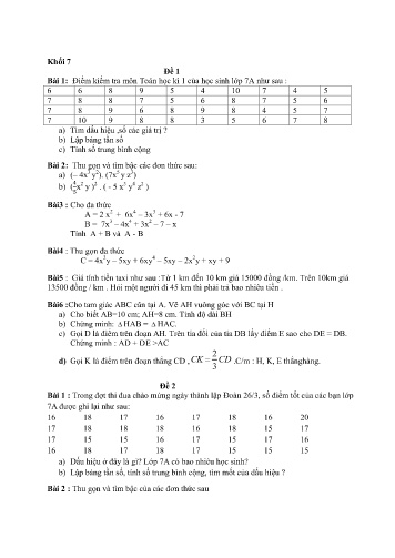 9 Đề ôn tập học kì II môn Toán Khối 7