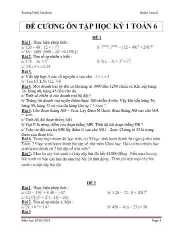 9 Đề ôn tập học kỳ I môn Toán Lớp 6 - Trường THCS Tân Bình