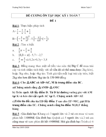 9 Đề ôn tập học kỳ I môn Toán Lớp 7 - Trường THCS Tân Bình