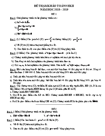 9 Đề tham khảo học kì II môn Toán Lớp 9 - Năm học 2018-2019