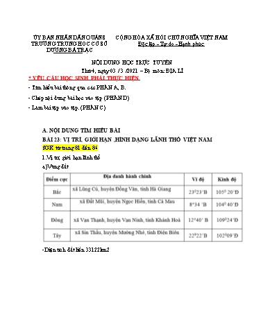 Bài dạy Địa lí Lớp 8 - Bài 23: Vị trí, giới hạn ,hình dạng lãnh thổ Việt Nam - Năm học 2020-2021 - Trường THCS Dương Bá Trạc