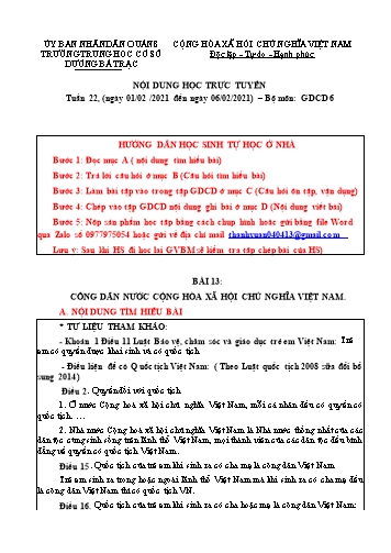 Bài dạy Giáo dục công dân Lớp 6 - Bài 13: Công dân nước Cộng hòa xã hội chủ nghĩa Việt Nam - Năm học 2020-2021 - Trường THCS Dương Bá Trạc