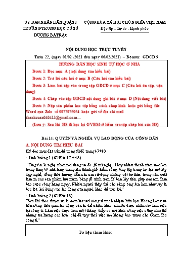 Bài dạy Giáo dục công dân Lớp 9 - Bài 14: Quyền và nghĩa vụ lao động của công dân - Năm học 2020-2021 - Trường THCS Dương Bá Trạc