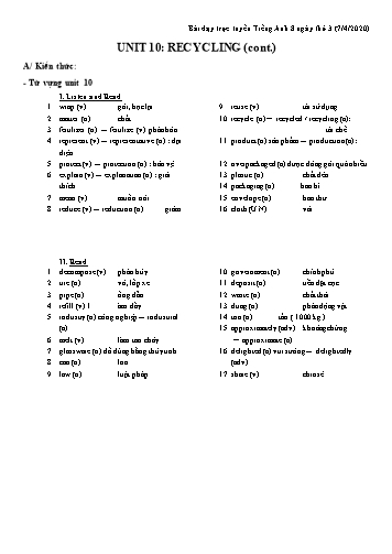 Bài dạy môn Tiếng Anh Lớp 8 - Unit 10: Recycling (cont.) - Năm học 2019-2020