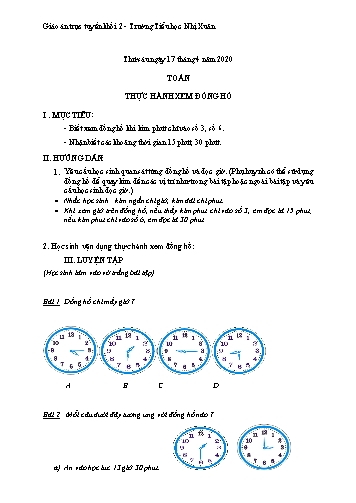 Bài dạy môn Toán Lớp 2 - Bài: Thực hành xem đồng hồ - Năm học 2019-2020 - Trường Tiểu học Nhị Xuân