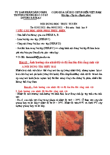 Bài dạy Sinh học 9 - Bài 43+44 - Năm học 2020-2021 - Trường THCS Dương Bá Trạc