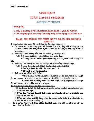 Bài dạy Sinh học Lớp 9 - Tuần 22, Bài 43: Ảnh hưởng của nhiệt độ và độ ẩm lên đời sống sinh vậtt - Năm học 2020-2021 - Trường THCS Lam Sơn