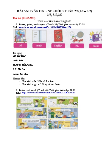 Bài dạy Tiếng Anh Lớp 3 Family and friends - Tuần 22, Unit 4: We have English - Năm học 2020-2021
