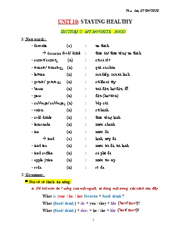Bài dạy Tiếng Anh Lớp 6 - Unit 10: Staying healthy - Năm học 2019-2020