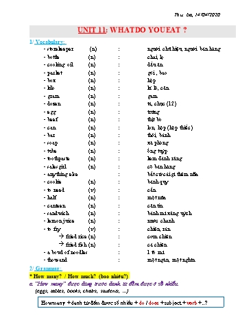 Bài dạy Tiếng Anh Lớp 6 - Unit 11: What do you eat - Năm học 2019-2020