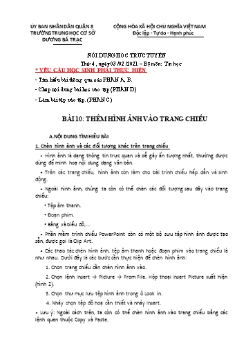 Bài dạy Tin học Lớp 9 - Bài 10: Thêm hình ảnh vào trang chiếu - Năm học 2020-2021 - Trường THCS Dương Bá Trạc