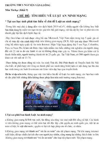 Bài dạy Tin học Lớp 9 - Chủ đề: Tìm hiểu về luật an ninh mạng - Trường THCS Nguyễn Văn Luông