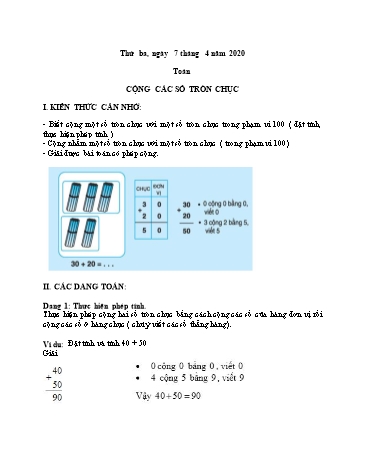 Bài dạy Toán Lớp 1 - Bài: Cộng các số tròn chục - Năm học 2019-2020