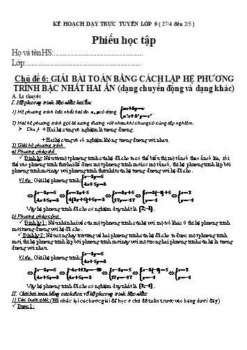 Bài dạy Toán Lớp 9 - Chủ đề 6: Giải bài toán bằng cách lập hệ phương trình bậc nhất hai ẩn (dạng chuyển động và dạng khác)