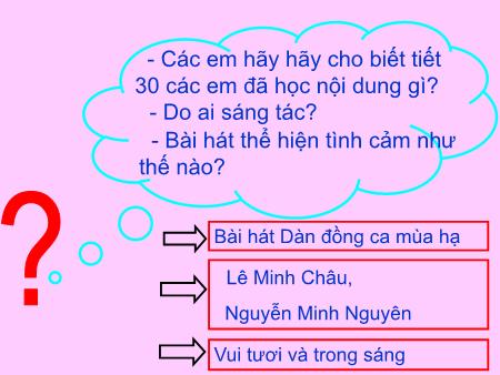 Bài giảng Âm nhạc Lớp 5 - Tiết 31, Bài: Ôn tập bài hát Dàn đồng ca mùa hạ. Nghe nhạc