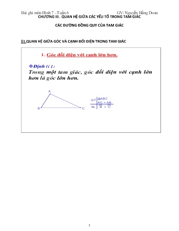 Bài giảng Hình học Lớp 7 - Chương III: Quan hệ giữa các yếu tố trong tam giác các đường đồng quy của tam giác - Bài 1: Quan hệ giữa góc và cạnh đối diện trong tam giác - Nguyễn Hồng Doan