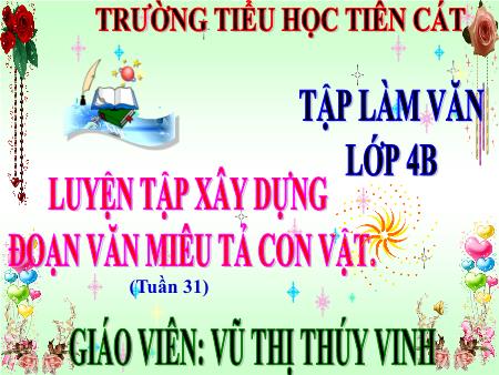 Bài giảng Tập làm văn Lớp 4 - Bài: Luyện tập xây dựng đoạn văn miêu tả con vật - Năm học 2017-2018 - Vũ Thị Thúy Ninh Bài giảng Tập làm văn Lớp 4 - Bài: Luyện tập xây dựng đoạn văn miêu tả con vật - Năm học 2017-2018 - Vũ Thị Thúy Ninh
