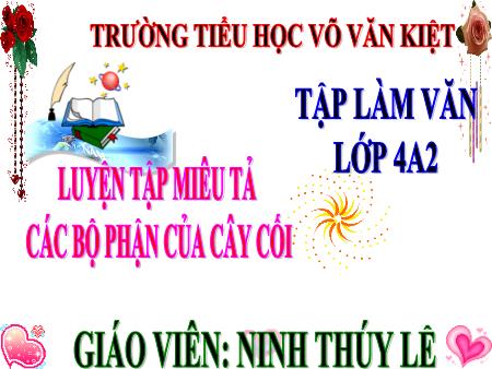 Bài giảng Tập làm văn Lớp 4 - Tuần 23, Bài: Luyện tập miêu tả các bộ phận của cây cối - Năm học 2017-2018 - Ninh Thúy Lệ Bài giảng Tập làm văn Lớp 4 - Tuần 23, Bài: Luyện tập miêu tả các bộ phận của cây cối - Năm học 2017-2018 - Ninh Thúy Lệ