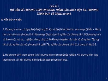 Bài giảng Toán Lớp 8 - Chủ đề 1: Mở đầu về phương trình.phương trình bậc nhất một ẩn. Phương trình đưa về dạng ax+b=0