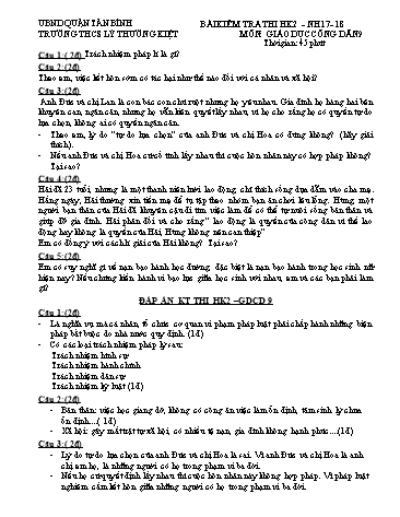 Bài kiểm tra học kì 2 môn Giáo dục công dân 9 - Năm học 2017-2018 - Trường THCS Lý Thường Kiệt (Có đáp án)