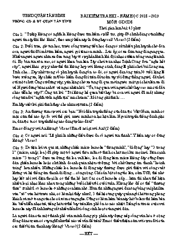 Bài kiểm tra học kỳ I môn Giáo dục công dân 8 - Năm học 2018-2019 - Phòng GD&ĐT Quận Tân Bình (Có đáp án)