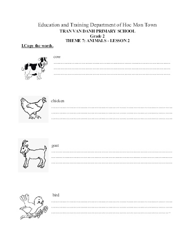 Bài tập English 2 - Tuần 22, Theme 7: Animals. Lesson 2 - Tran Van Danh Primary School