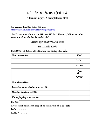 Bài tập môn Toán Lớp 5 - Bài 112+113 - Năm học 2019-2020