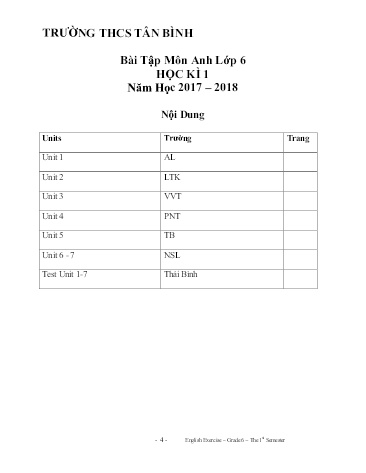 Bài tập ôn học kì I môn Tiếng Anh Lớp 6 - Năm học 2017-2018 - Trường THCS Tân Bình