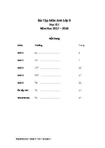 Bài tập ôn học kì I môn Tiếng Anh Lớp 9 - Năm học 2017-2018