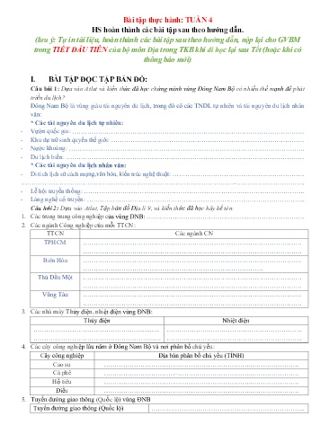 Bài tập ôn học kì II Địa lí 9 - Tuần 4