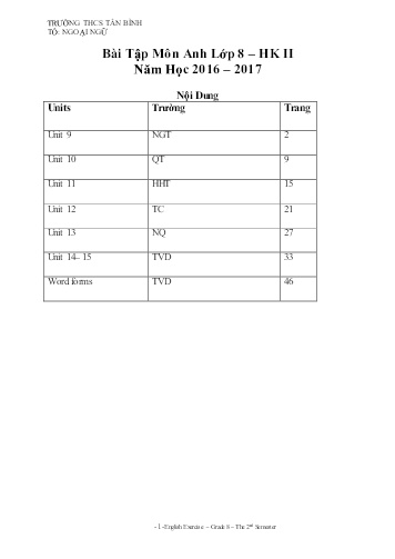 Bài tập ôn học kì II môn Tiếng Anh Lớp 8 - Năm học 2016-2017 - Trường THCS Tân Bình