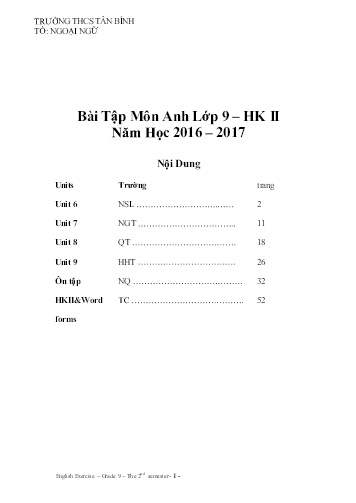 Bài tập ôn học kì II môn Tiếng Anh Lớp 9 - Năm học 2016-2017 - Trường THCS Tân Bình