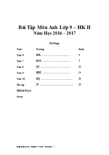 Bài tập ôn học kì II môn Tiếng Anh Lớp 9 - Năm học 2016-2017