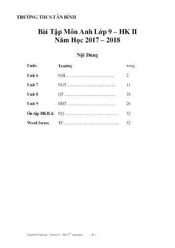 Bài tập ôn học kì II môn Tiếng Anh Lớp 9 - Năm học 2017-2018 - Trường THCS Tân Bình