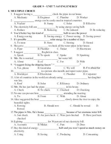 Bài tập ôn tập English 9 - Unit 7: Saving energy