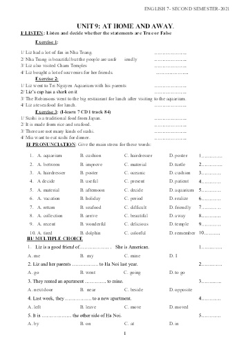 Bài tập ôn tập học kỳ II môn Tiếng Anh Lớp 7