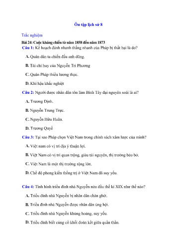 Bài tập ôn tập Lịch sử Lớp 8