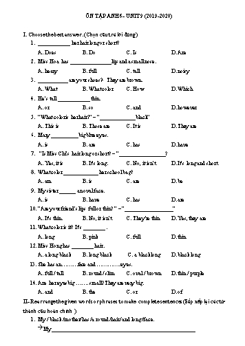 Bài tập ôn tập môn Tiếng Anh 6 - Unit 9: Cities of the world - Năm học 2019-2020