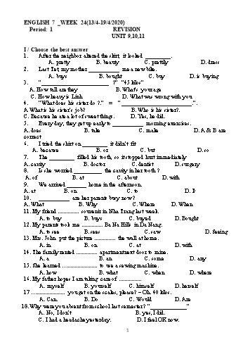 Bài tập ôn tập môn Tiếng Anh 7 - Tuần 24 - Năm học 2019-2020