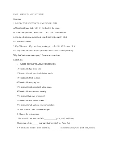 Bài tập ôn tập Tiếng Anh 7 - Unit 10: Health and hygiene