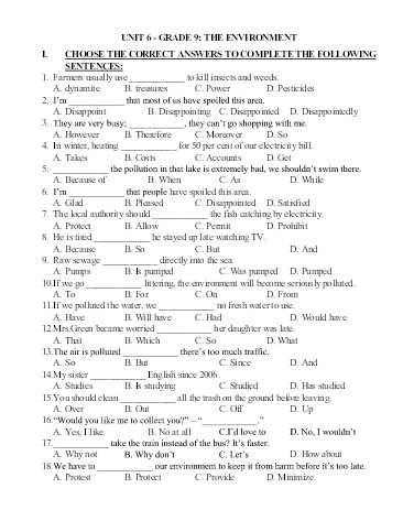 Bài tập ôn tập Tiếng Anh 9 - Unit 6: The environment