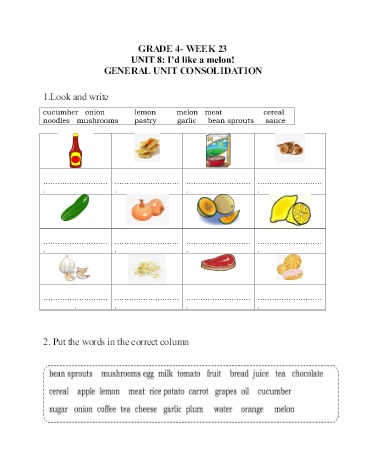 Bài tập ôn tập Tiếng Anh Lớp 4 - Tuần 23, Unit 8: I’d like a melon