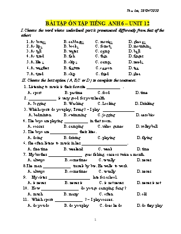 Bài tập ôn tập Tiếng Anh Lớp 6 - Unit 12+13 - Năm học 2019-2020