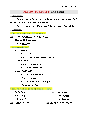 Bài tập ôn tập Tiếng Anh Lớp 6 - Unit 9: The body - Năm học 2019-2020